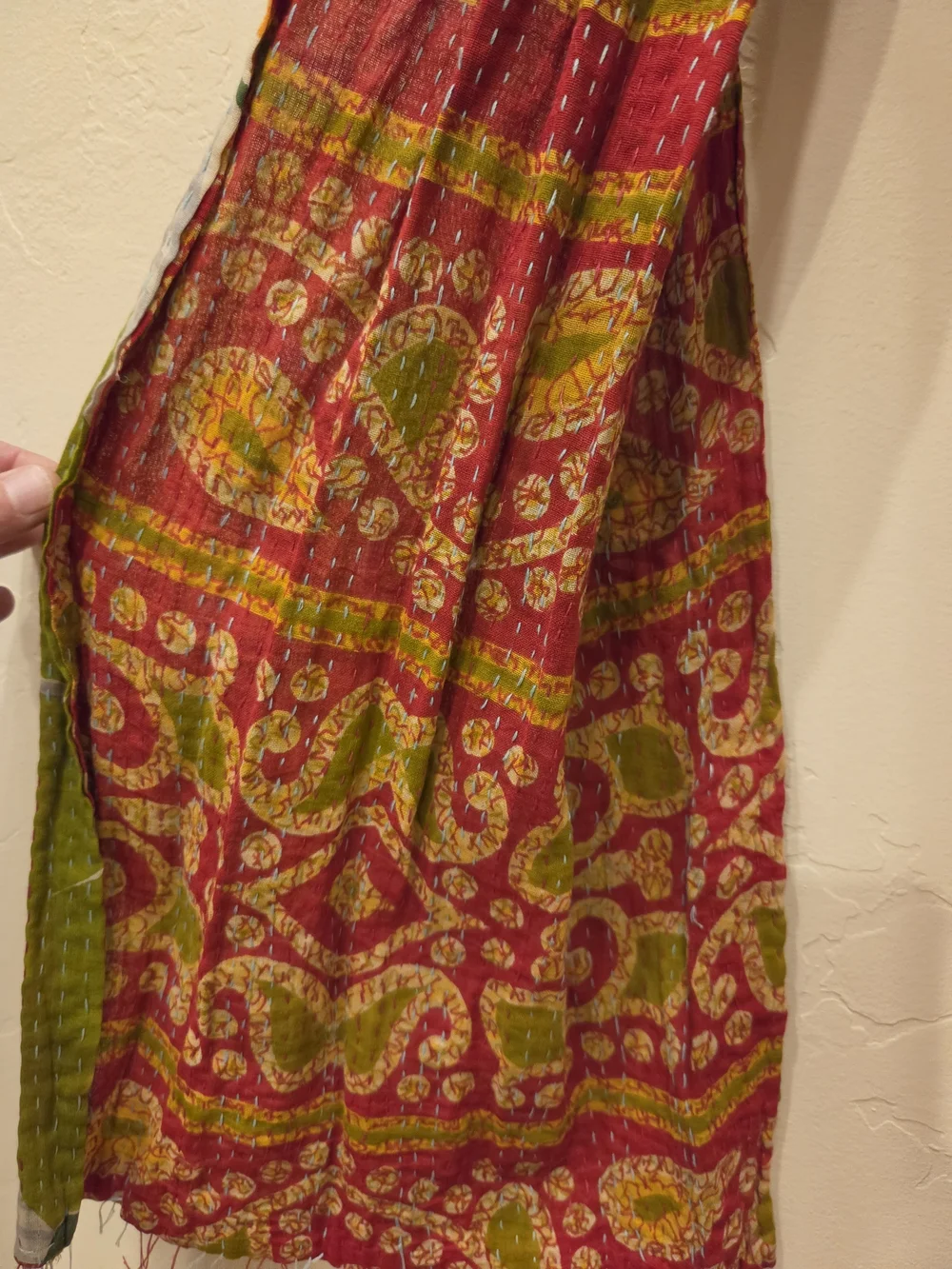 Handcrafted Green And Red Floral Kantha Scarf Shawl